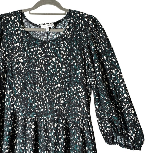 Black Teal White Animal Print Tiered Midi Dress Women's Size 1X Ballon Sleeve - Picture 5 of 13